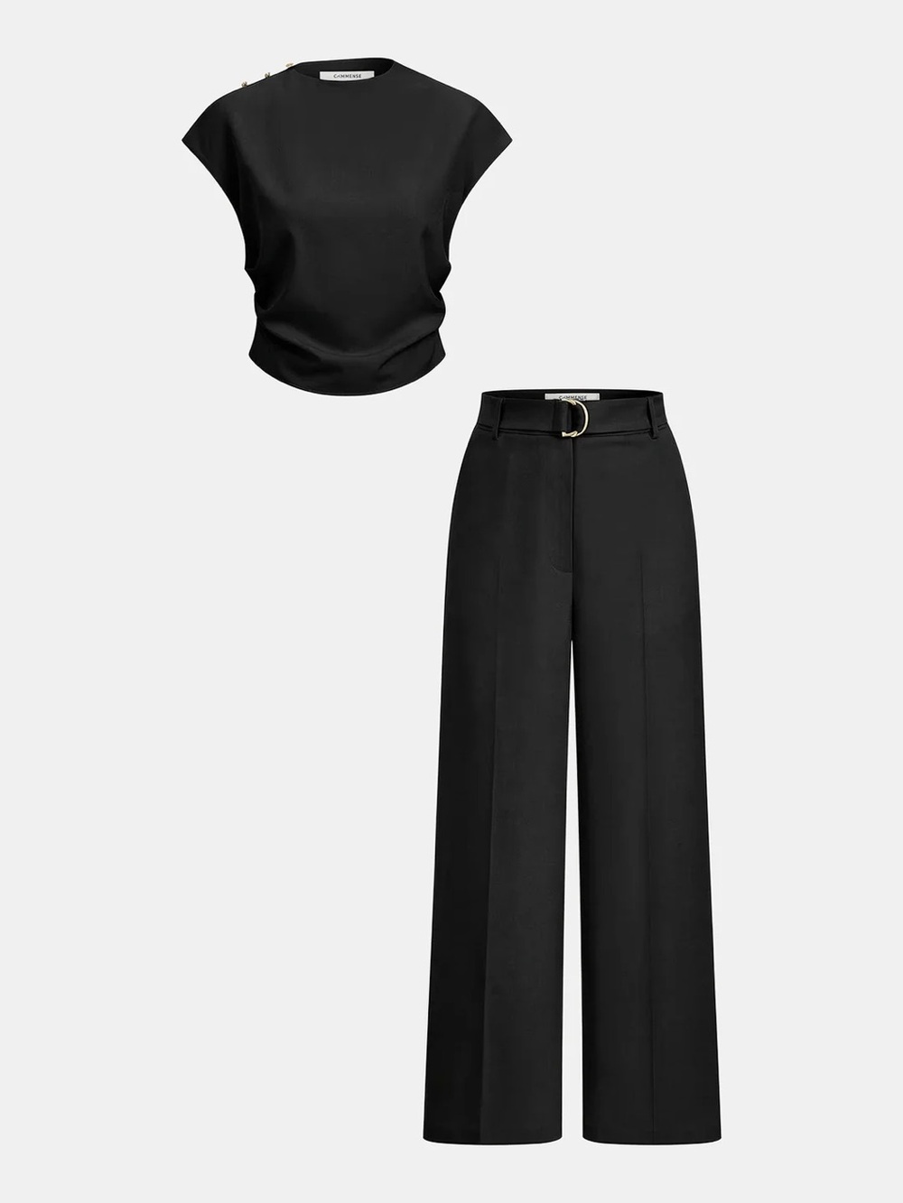 258 Sleeveless Ruched Top & Wide-Leg Pants Set